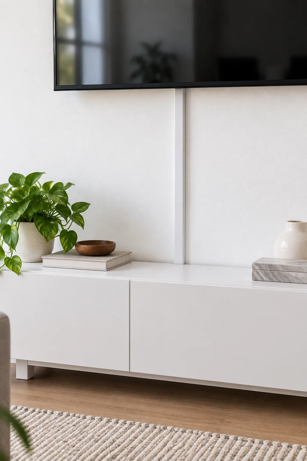 Illustrative white surface cord raceway between a wall mounted TV and a low white media cabinet