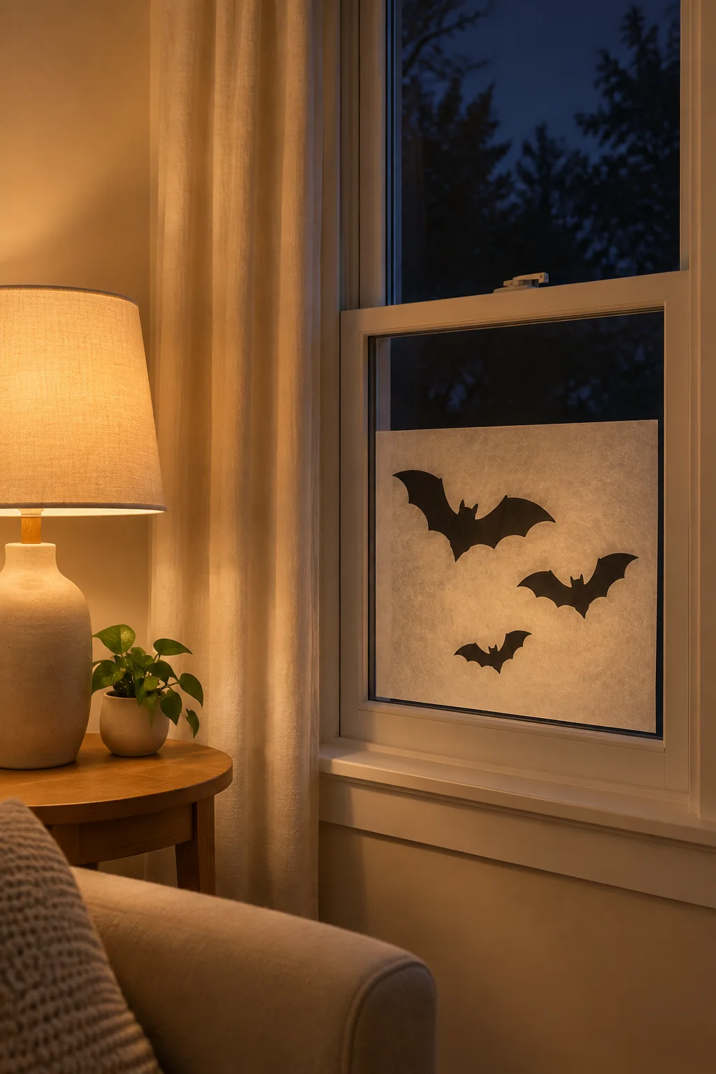 Electric table lamp lighting paper bat silhouettes from inside the room