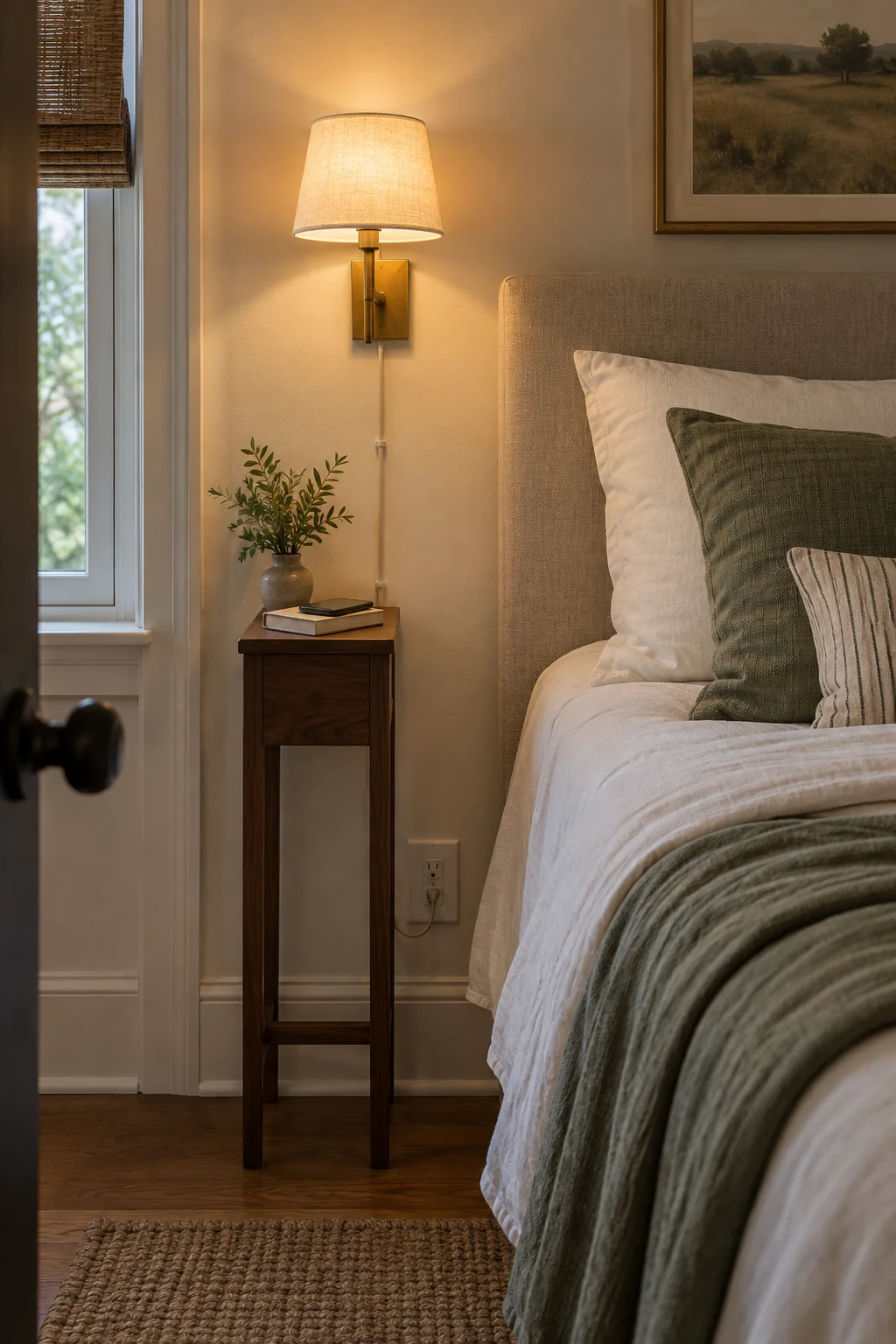 Illustrative bedroom with a shaded plug-in wall sconce and a slim walnut bedside table holding a book and phone.
