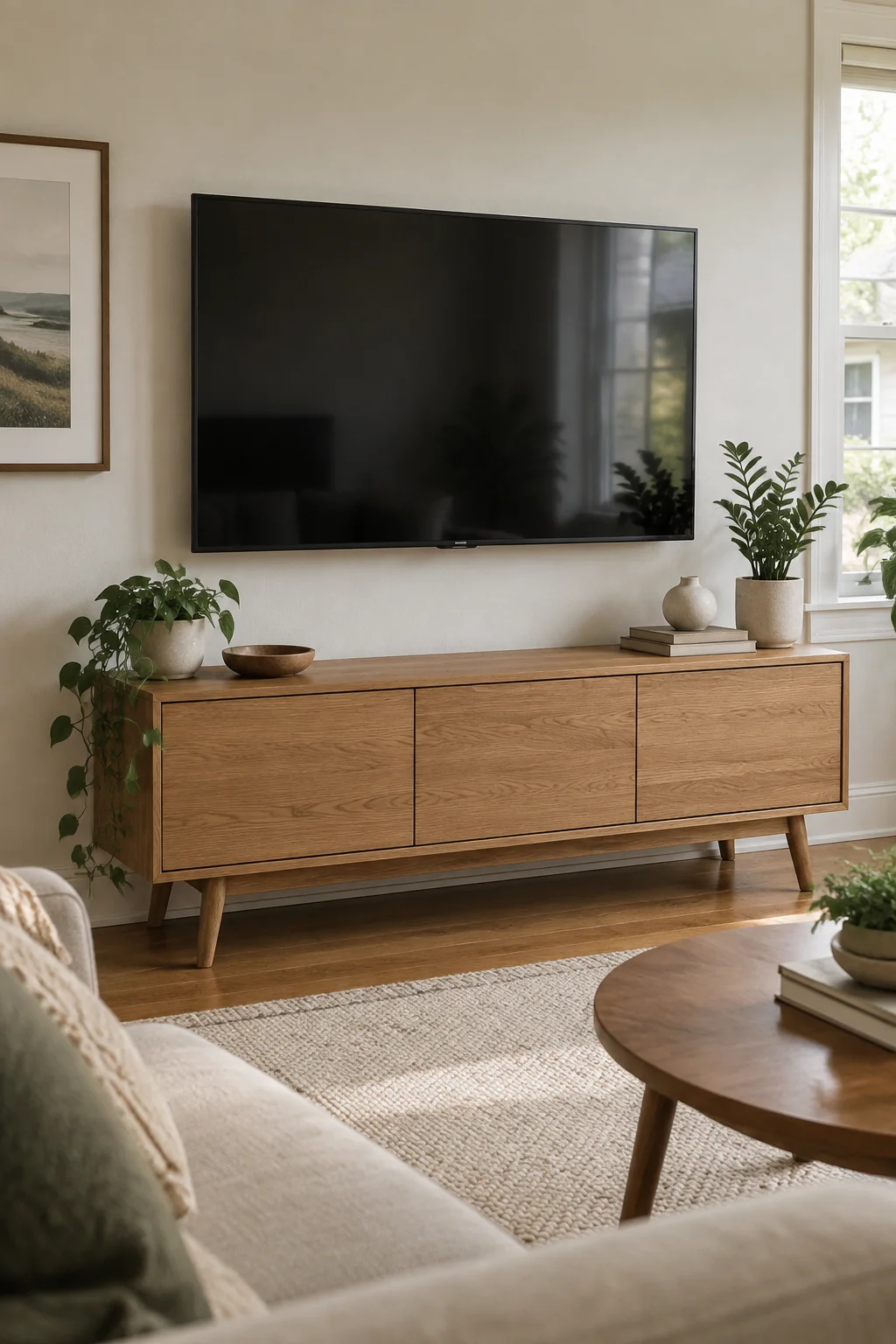 Oak media console beneath a mounted TV hiding cable slack while leaving the floor clear
