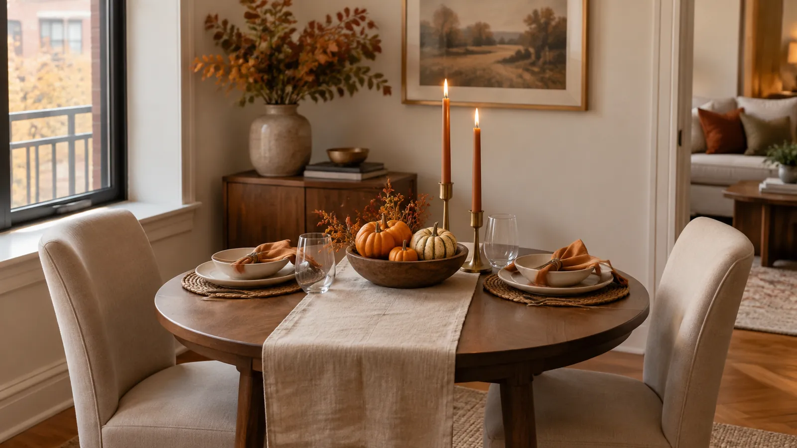 Small round dining table with a runner, taper candles, a bowl of mini pumpkins and two place settings in a fall dining nook