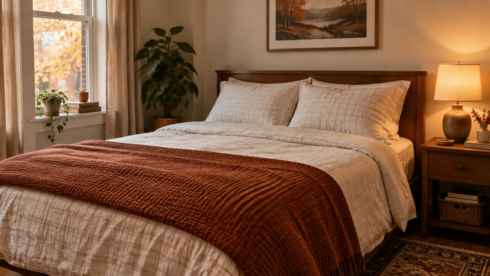 Small bedroom in fall with cream flannel sheets, a rust waffle-knit blanket at the foot of the bed and a lit lamp on the nightstand
