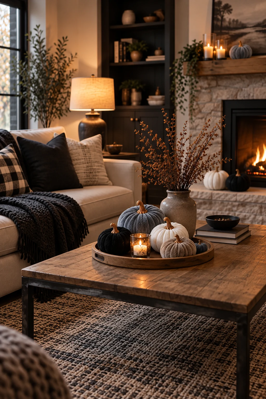 Living room decorated for Halloween with a charcoal throw, black and white pumpkins on a coffee table and dried branches in a vase
