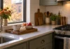 A Fall Kitchen Counter With One Cozy Zone and Room to Cook Illustrated fall kitchen counter with a wooden tray, mug, small pumpkin and apples beside a clear cooking area