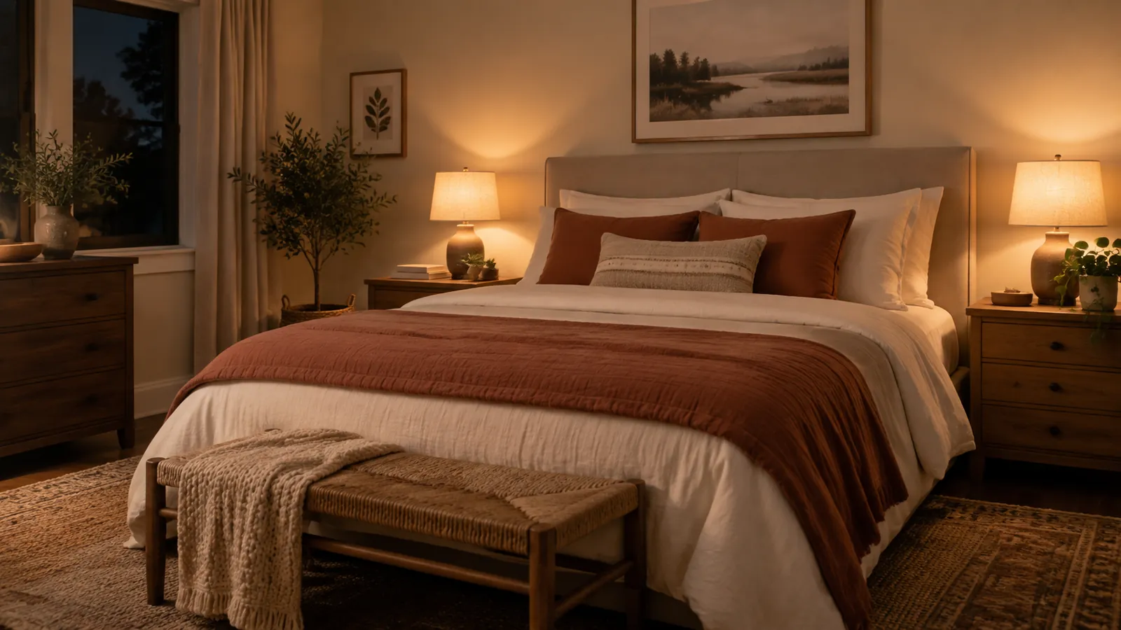 Cozy bedroom at night lit by two warm white bedside lamps over a bed with cream and rust bedding
