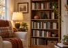 One Spooky Shelf Is Enough: Halloween Decor That Leaves the Books Alone Illustrated living room with one Halloween shelf among everyday books