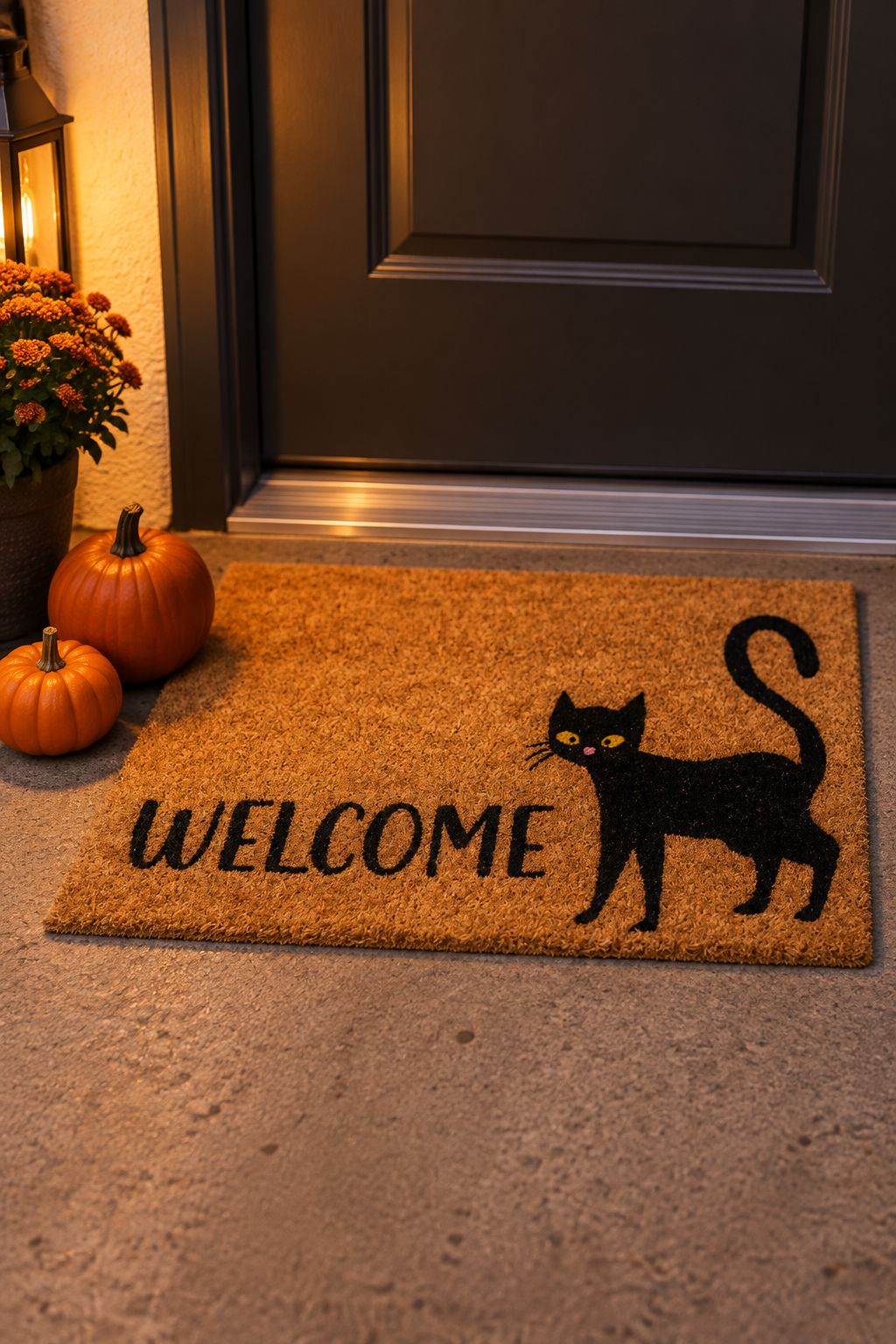 Halloween doormat with two mini pumpkins beside it at an apartment entry