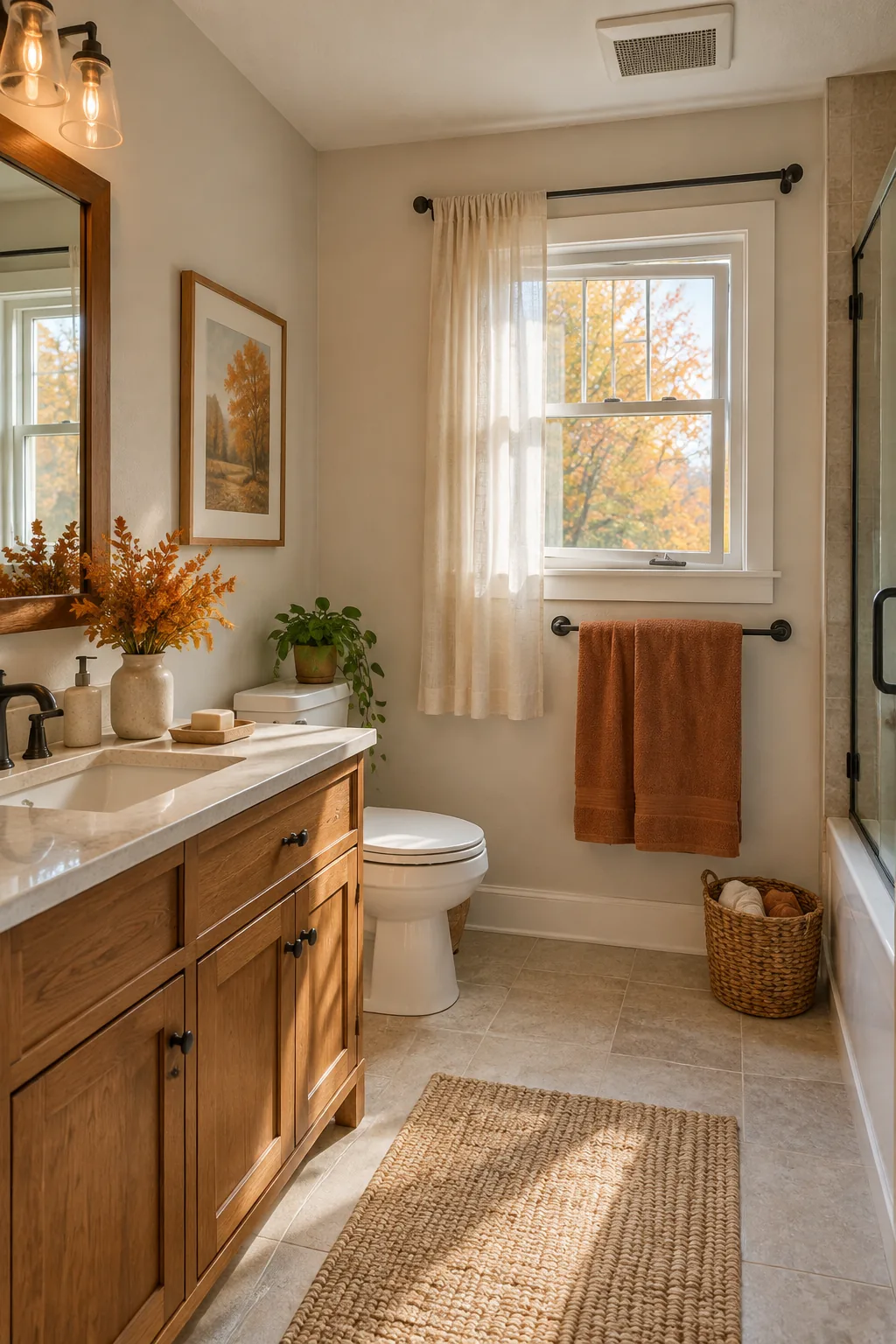 Illustrated bright bathroom with a towel spread on a bar, a ceiling vent fan and a slightly open window