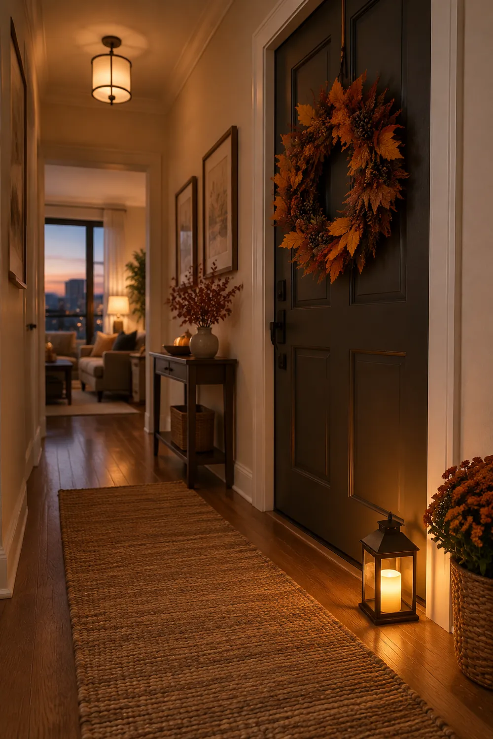 Apartment hallway at dusk with a small battery lantern on the floor beside a door with a fall wreath