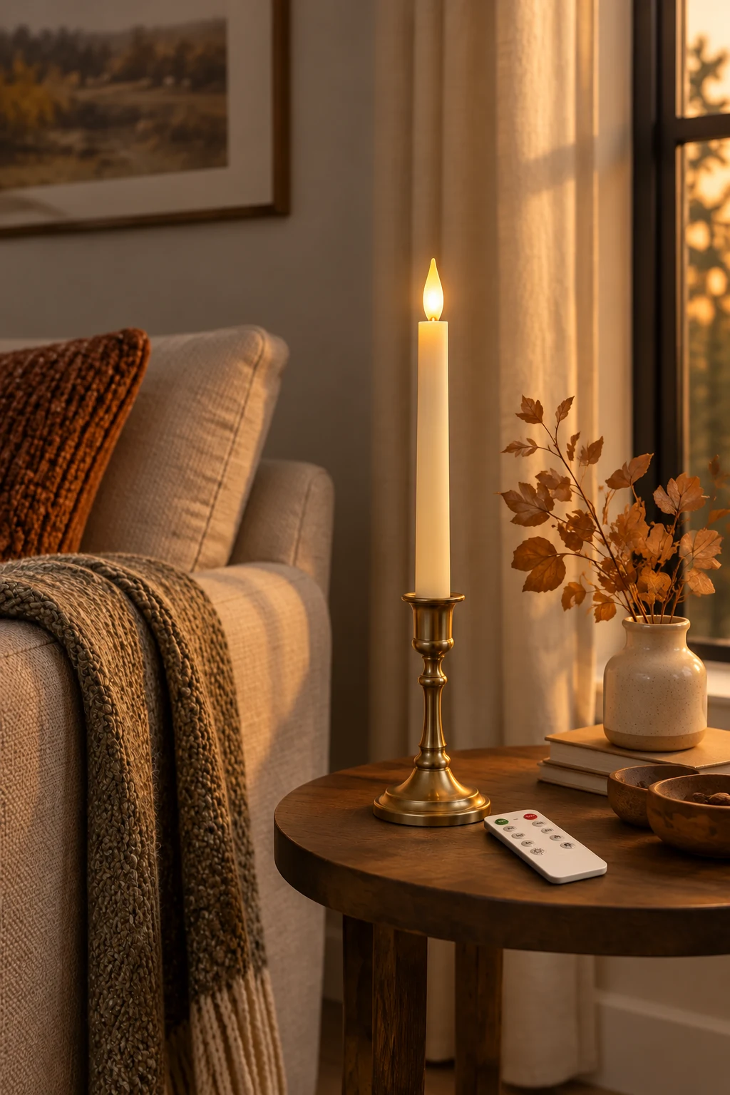 Side table with a flameless taper candle in a brass holder, a small remote and a dried leaf stem