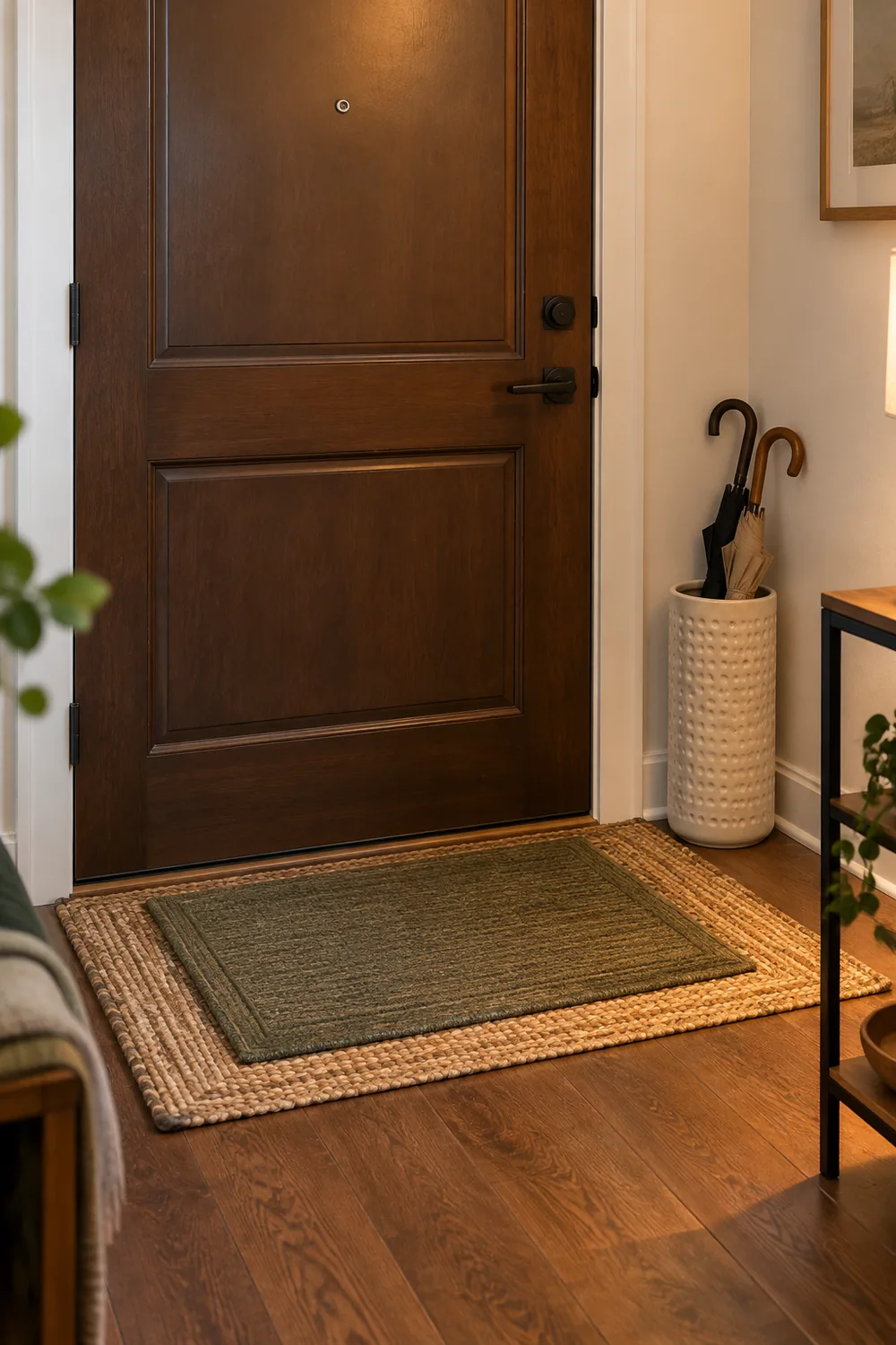 Layered doormat inside an apartment door with an umbrella stand in the corner