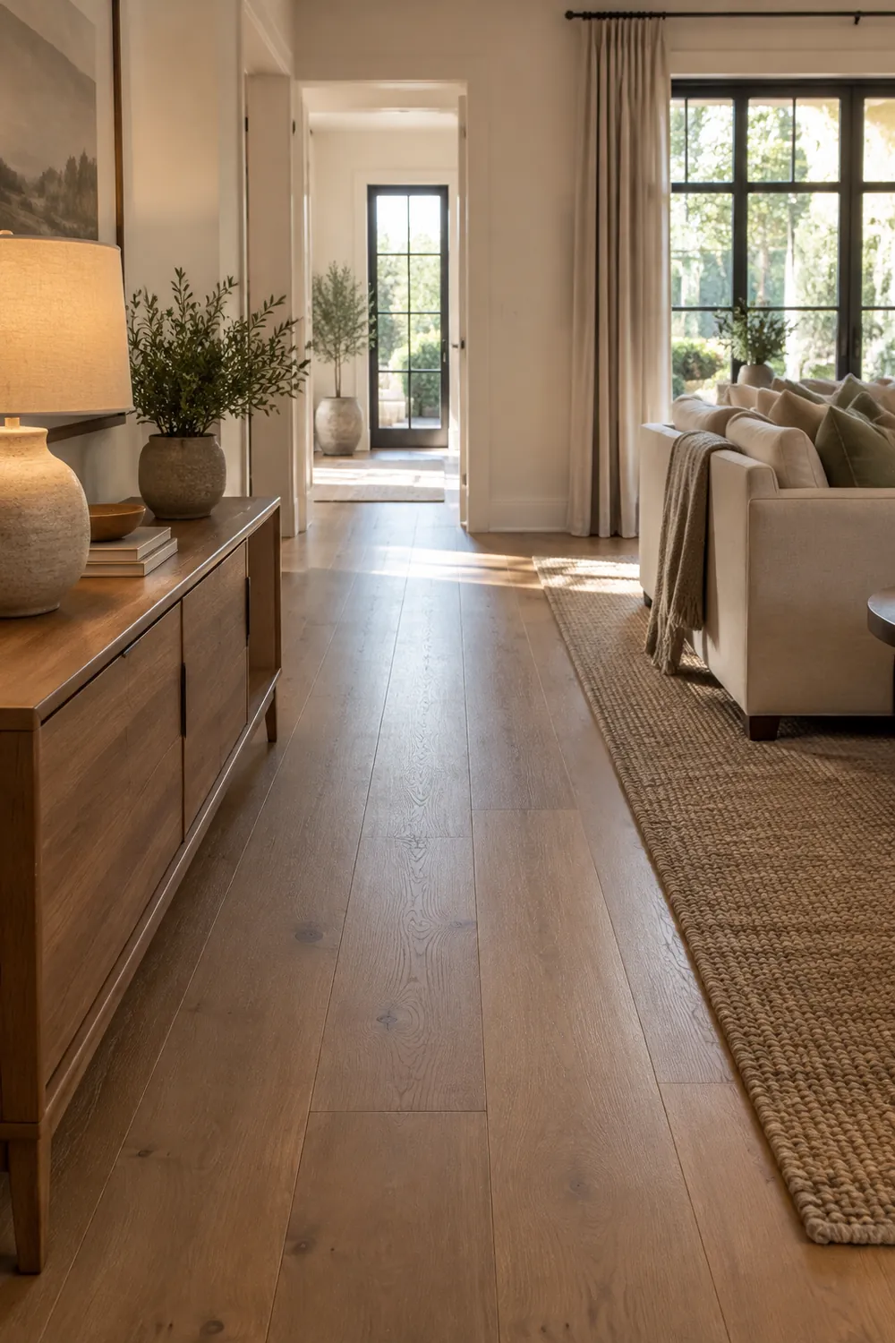 Clear walkway of bare floor beside a living room rug with a low console and lamp