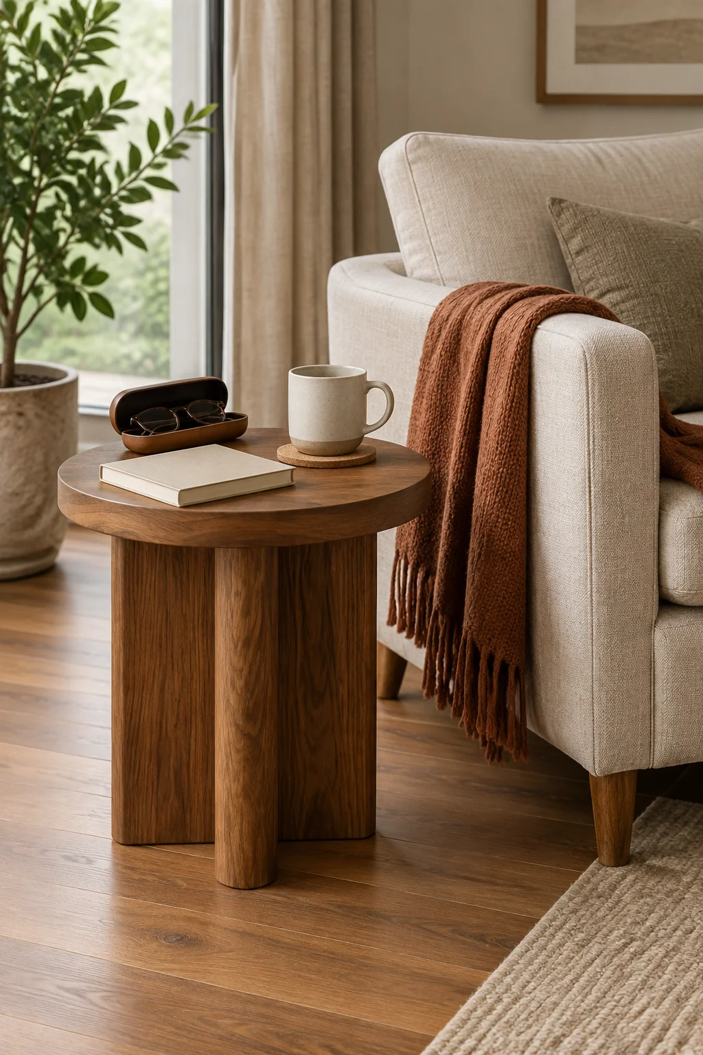 Illustrated side table with mug on a coaster and a closed book