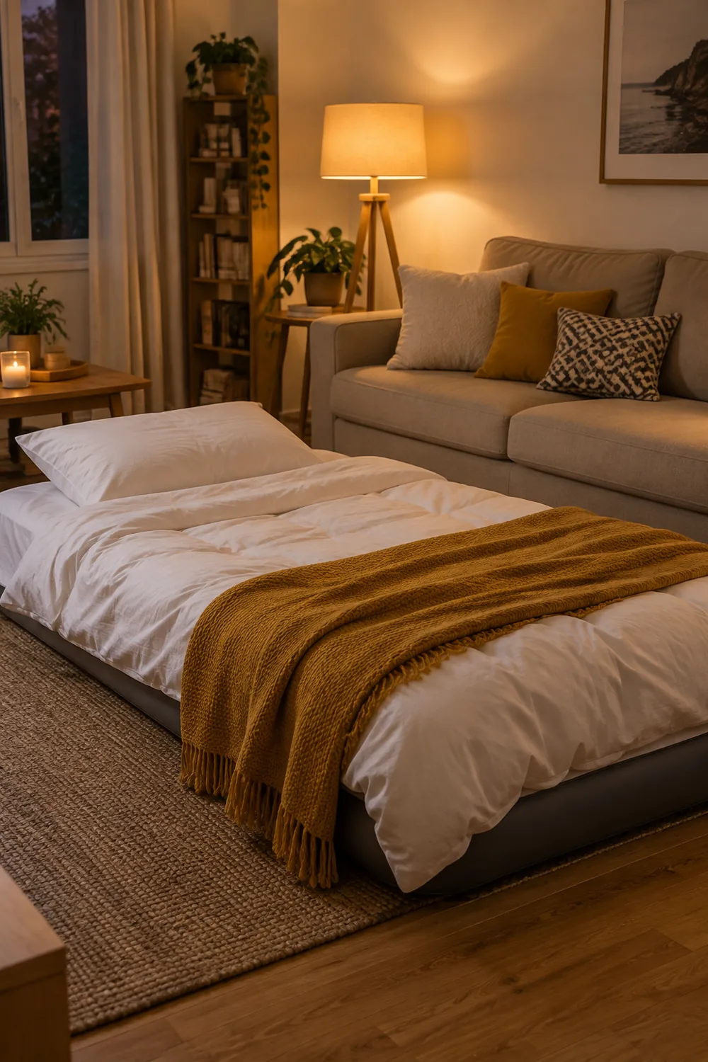 Air mattress with real bedding on the floor beside a sofa in a small living room