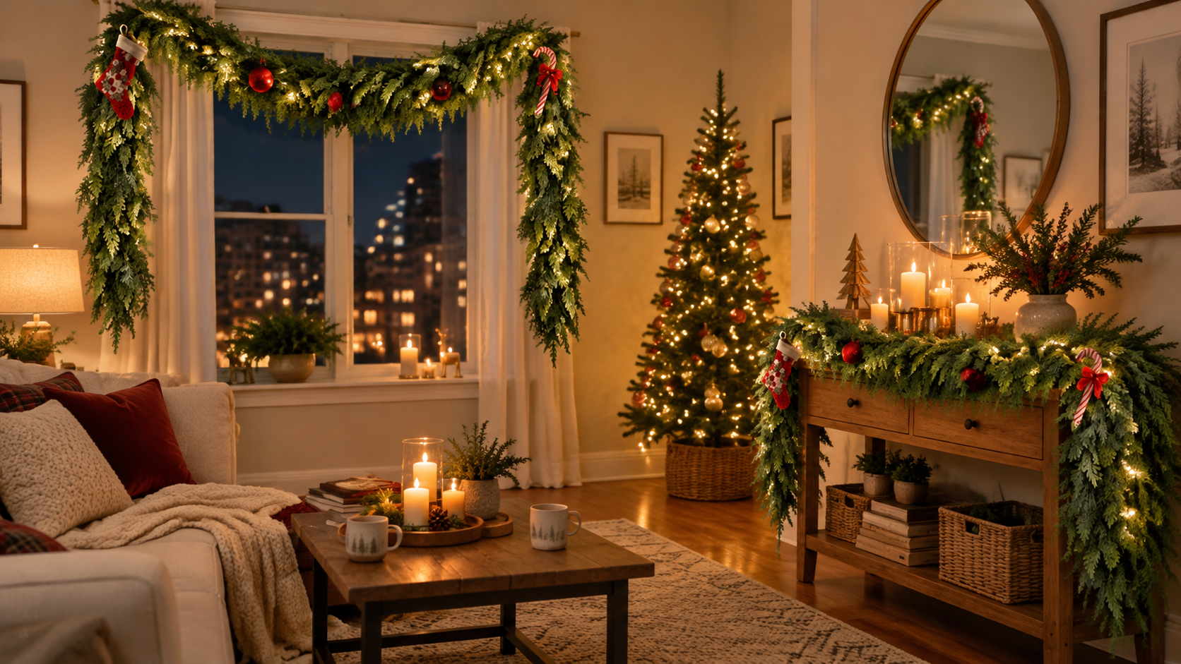 Small apartment living room decorated early for christmas with a cedar garland along the window and a glowing tree