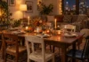 How Many People Can You Actually Fit in a Small Apartment for Friendsgiving? Small apartment living room set for Friendsgiving with a long table, candles and warm string lights, no guests yet