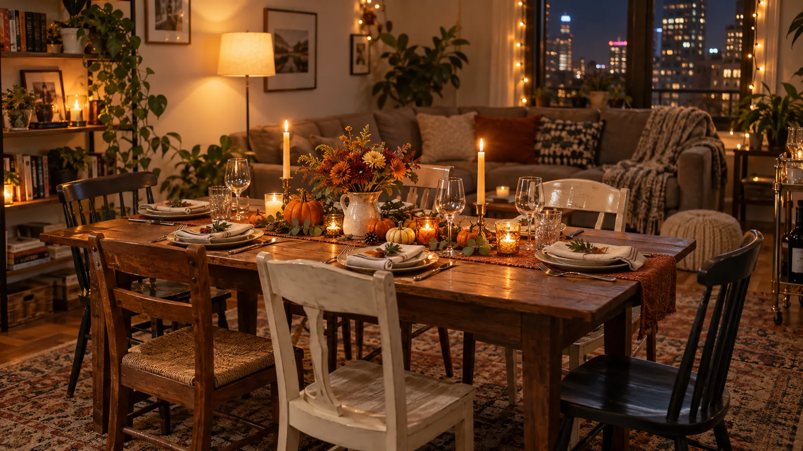 Small apartment living room set for Friendsgiving with a long table, candles and warm string lights, no guests yet