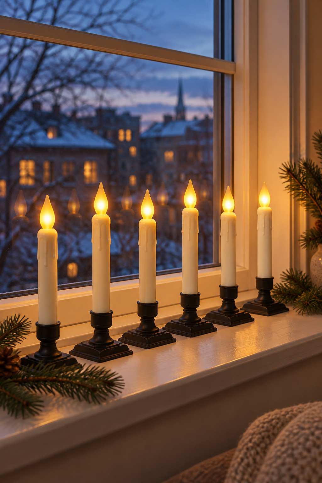 Black battery-operated window candles glowing on a small apartment windowsill at dusk