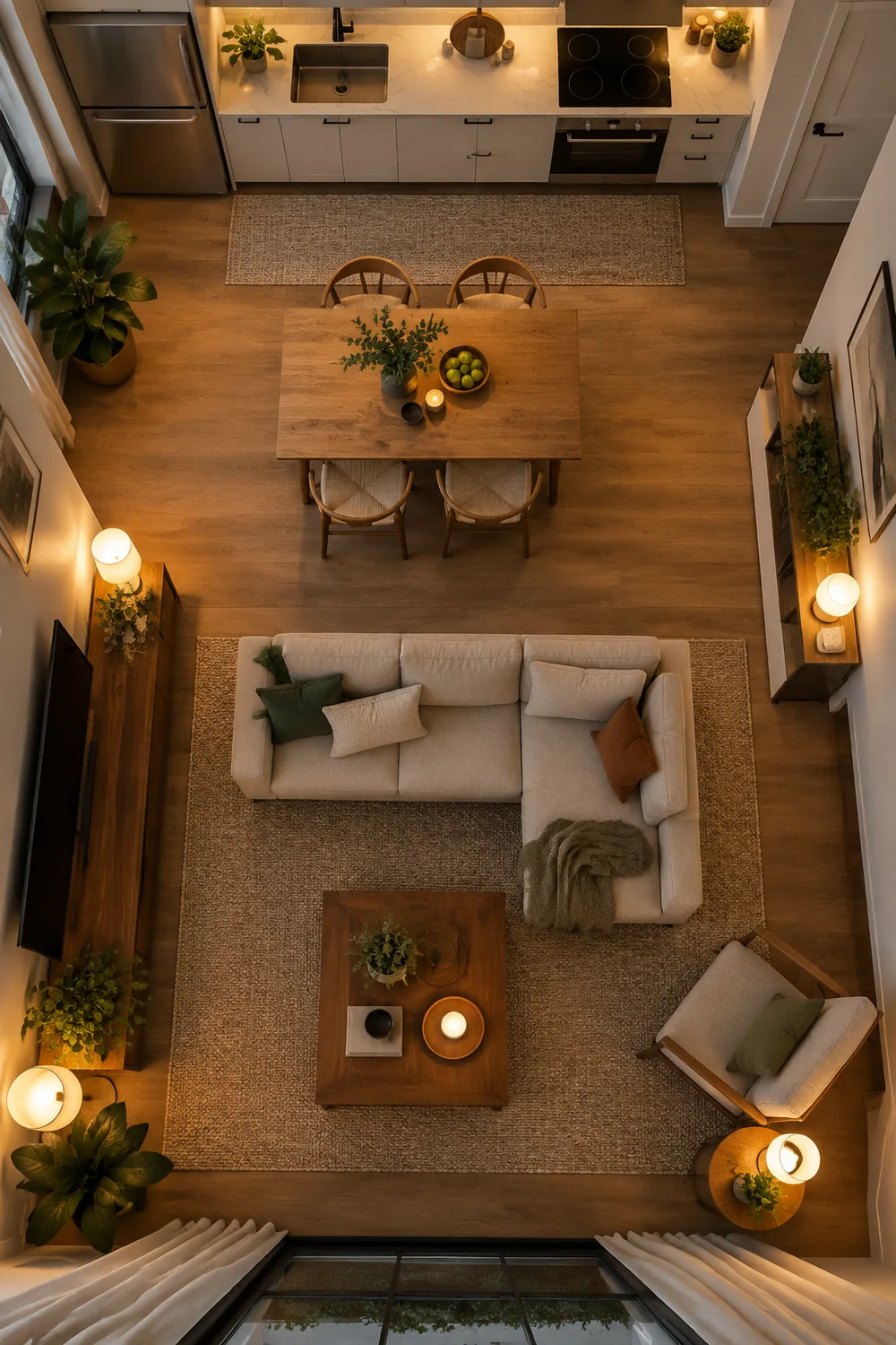 Overhead view of a small apartment living room layout with a dining table and sofa seating zones