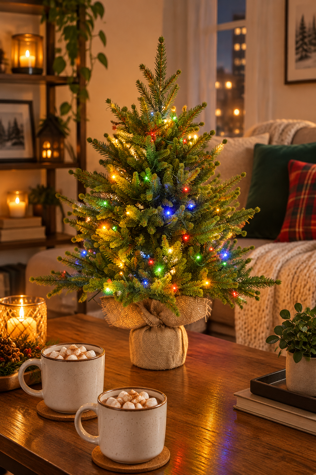 Small pre-lit tabletop christmas tree with warm LED lights on a wooden coffee table