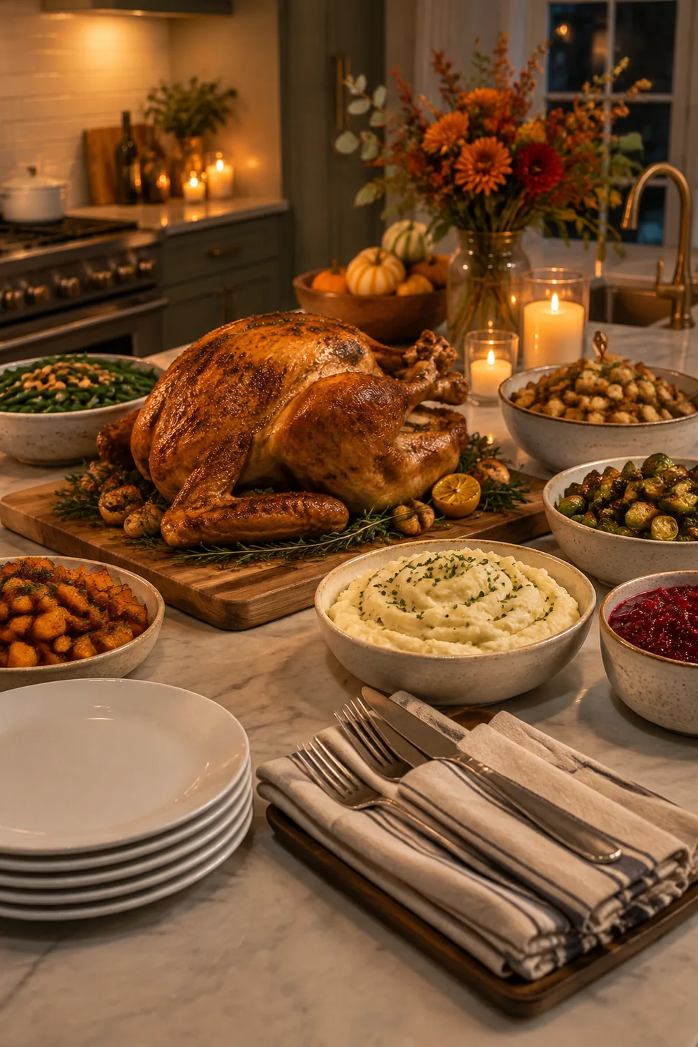 Kitchen counter set as a Friendsgiving buffet with Thanksgiving dishes and a stack of plates