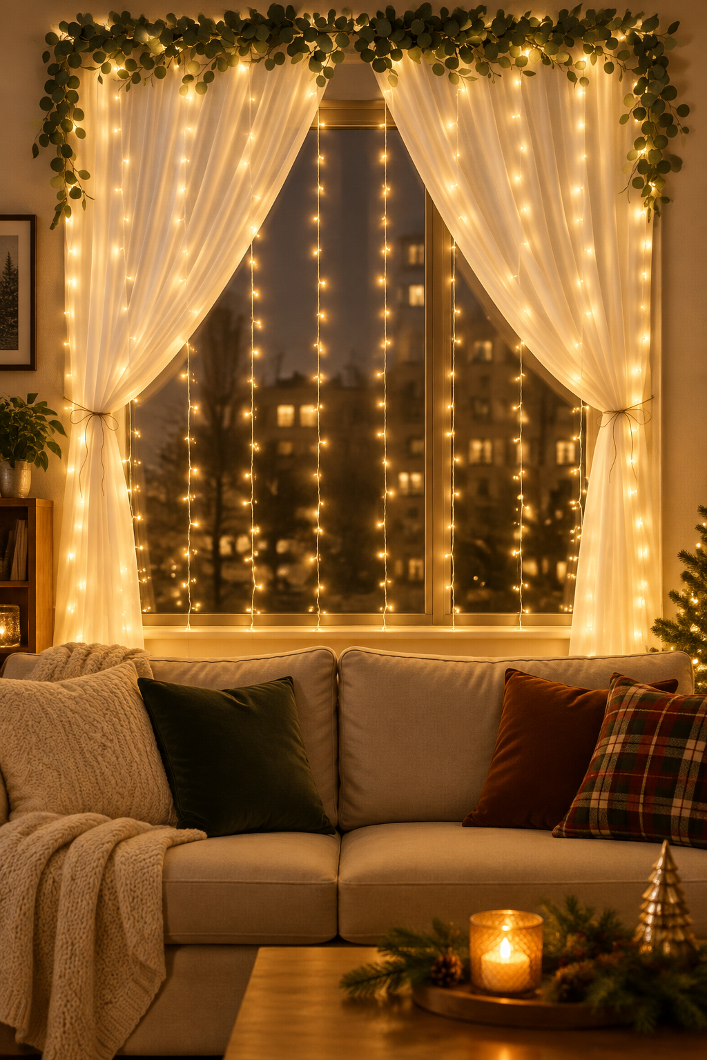Warm white curtain string lights hanging across a small apartment window behind a sofa