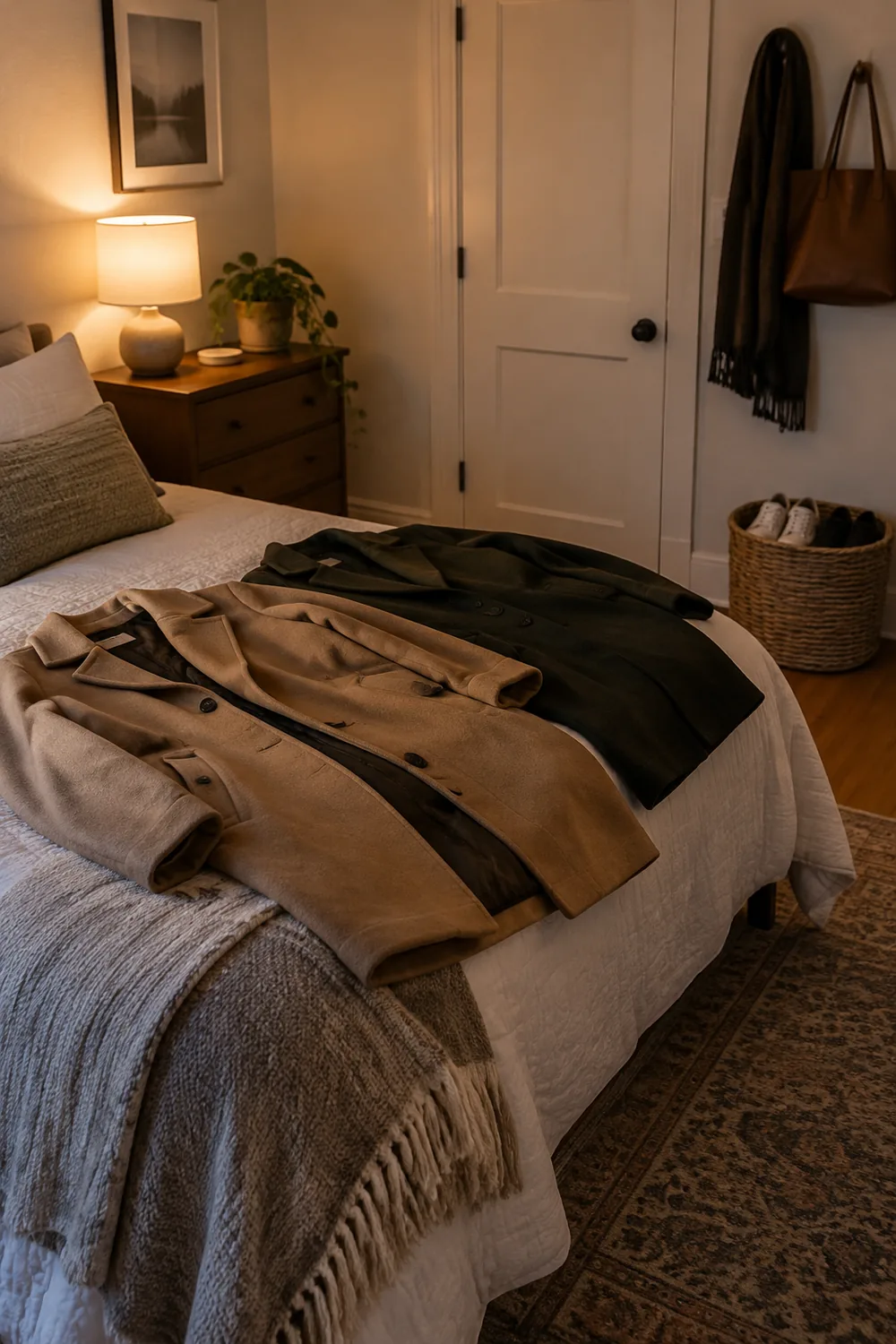 Coats laid on a bed behind a door and a basket for shoes in the entryway