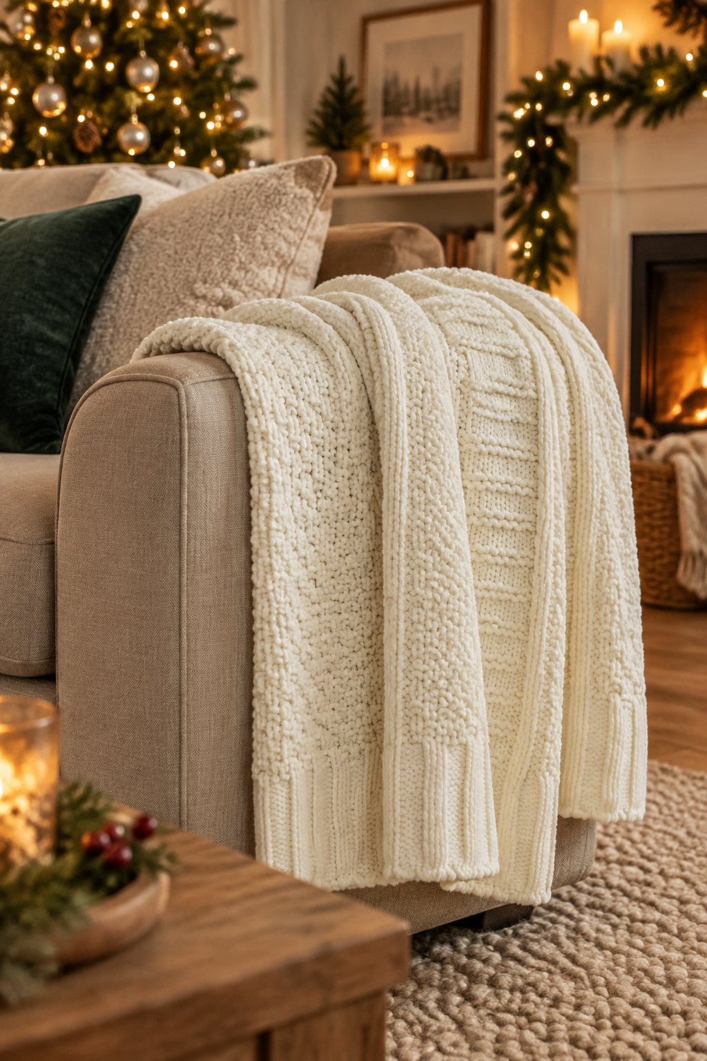 Chunky chenille knit throw blanket draped over the arm of a beige sofa with christmas lights glowing behind