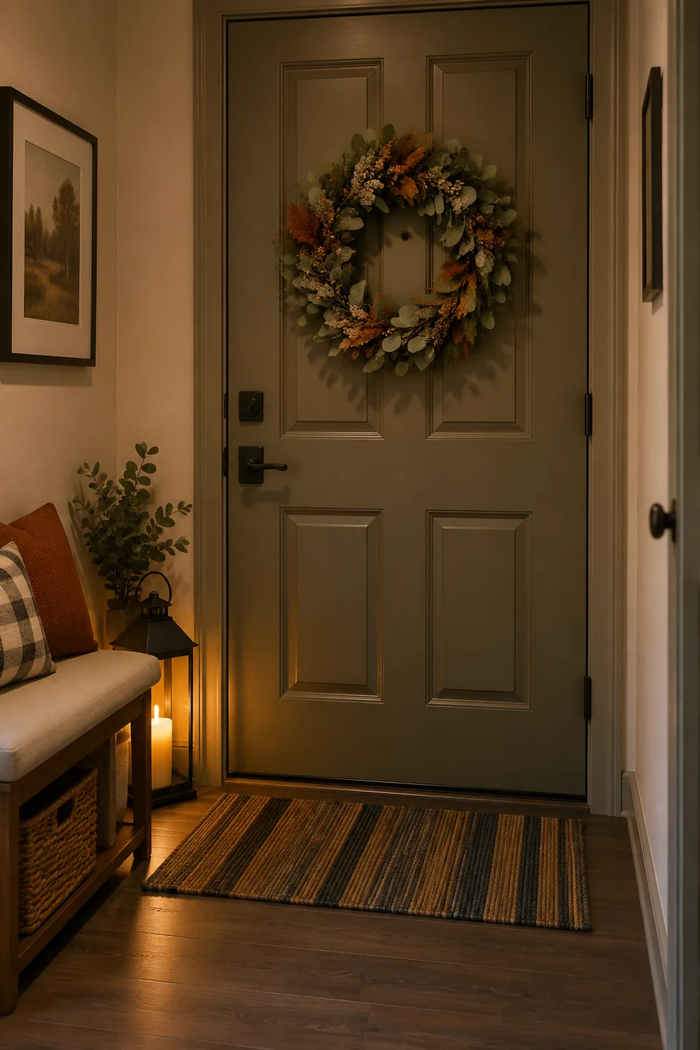 Apartment front door with a fall wreath, a bench and a lantern in warm evening light