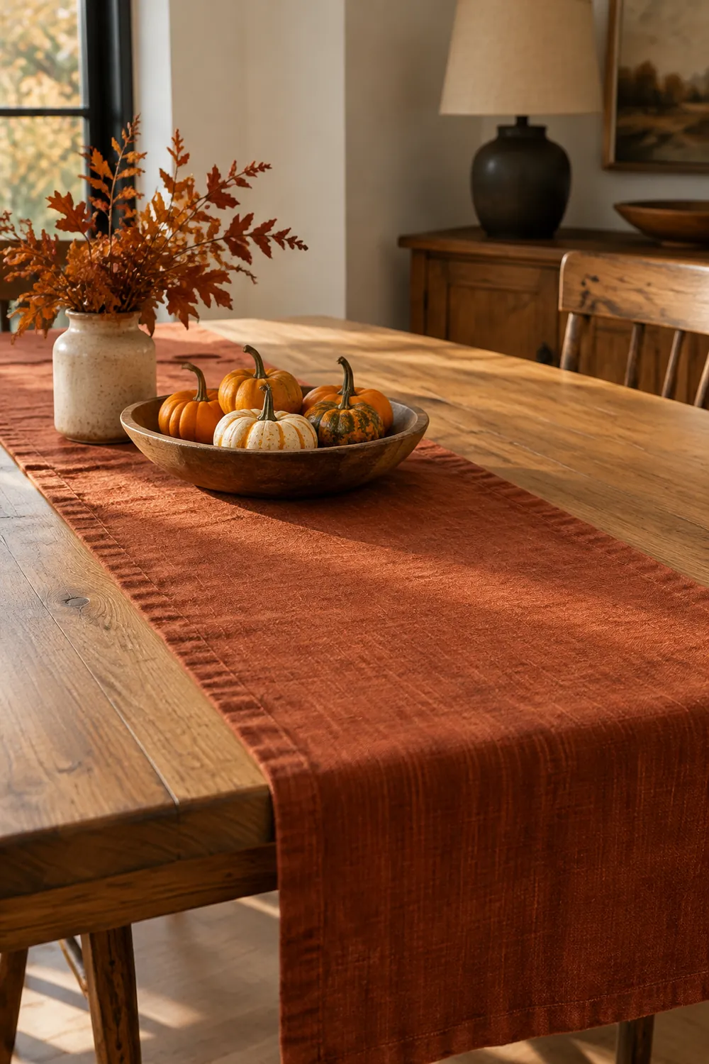 Rust linen table runner on a wooden table with a low bowl of mini pumpkins and a short vase of dried leaves