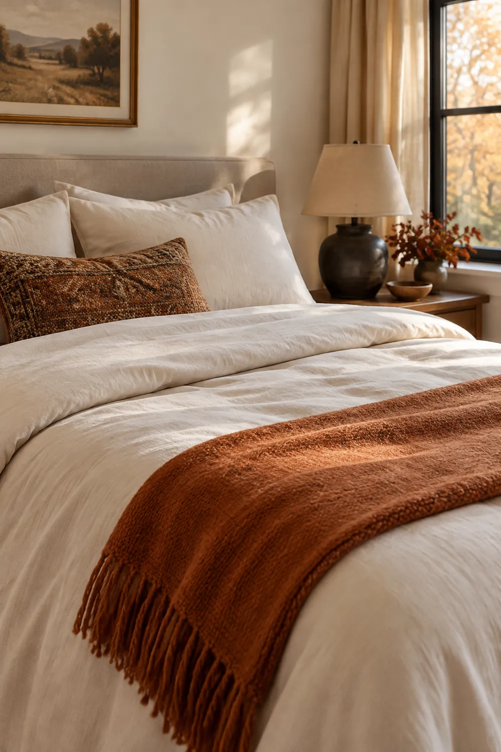 Cream flannel sheets turned back on a bed with a folded rust throw in morning light