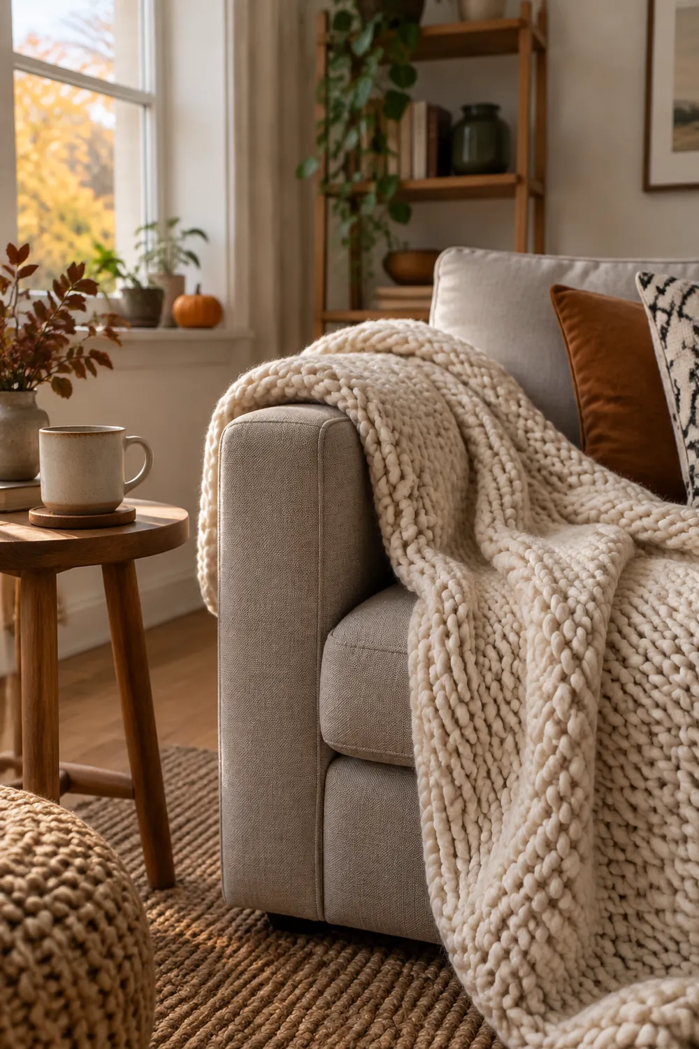 Chunky cream knit throw folded loosely over the arm of a gray sofa beside a small wooden side table and ceramic mug