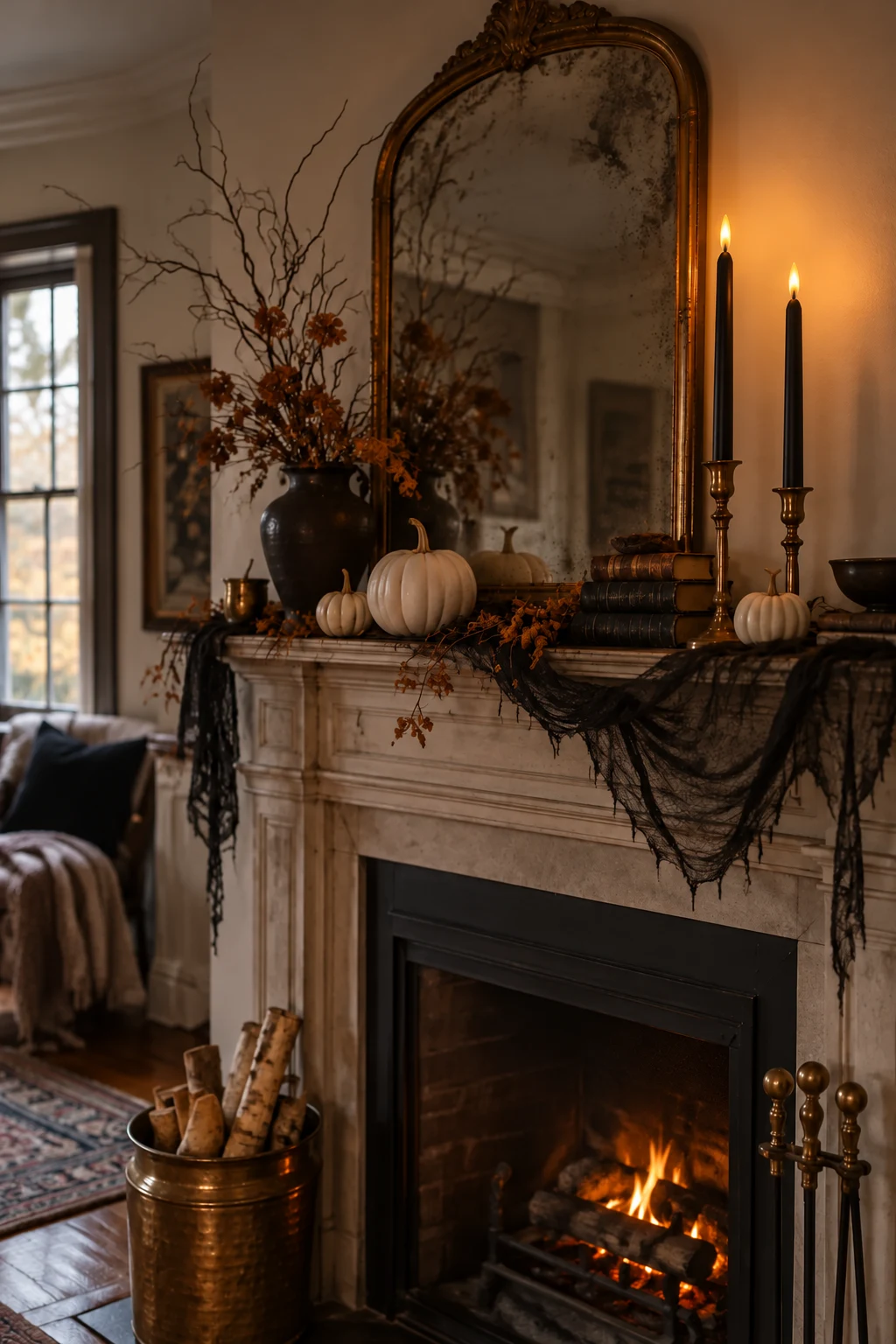 Fireplace mantel with two black taper candles in brass holders, small white pumpkins, dried branches and a mirror
