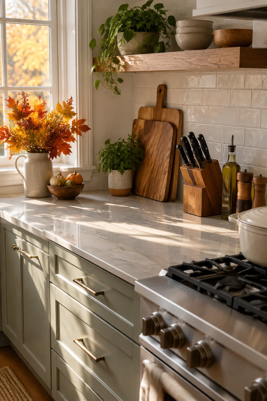 Illustrated kitchen counter with a clear prep area and cutting boards beside a stove