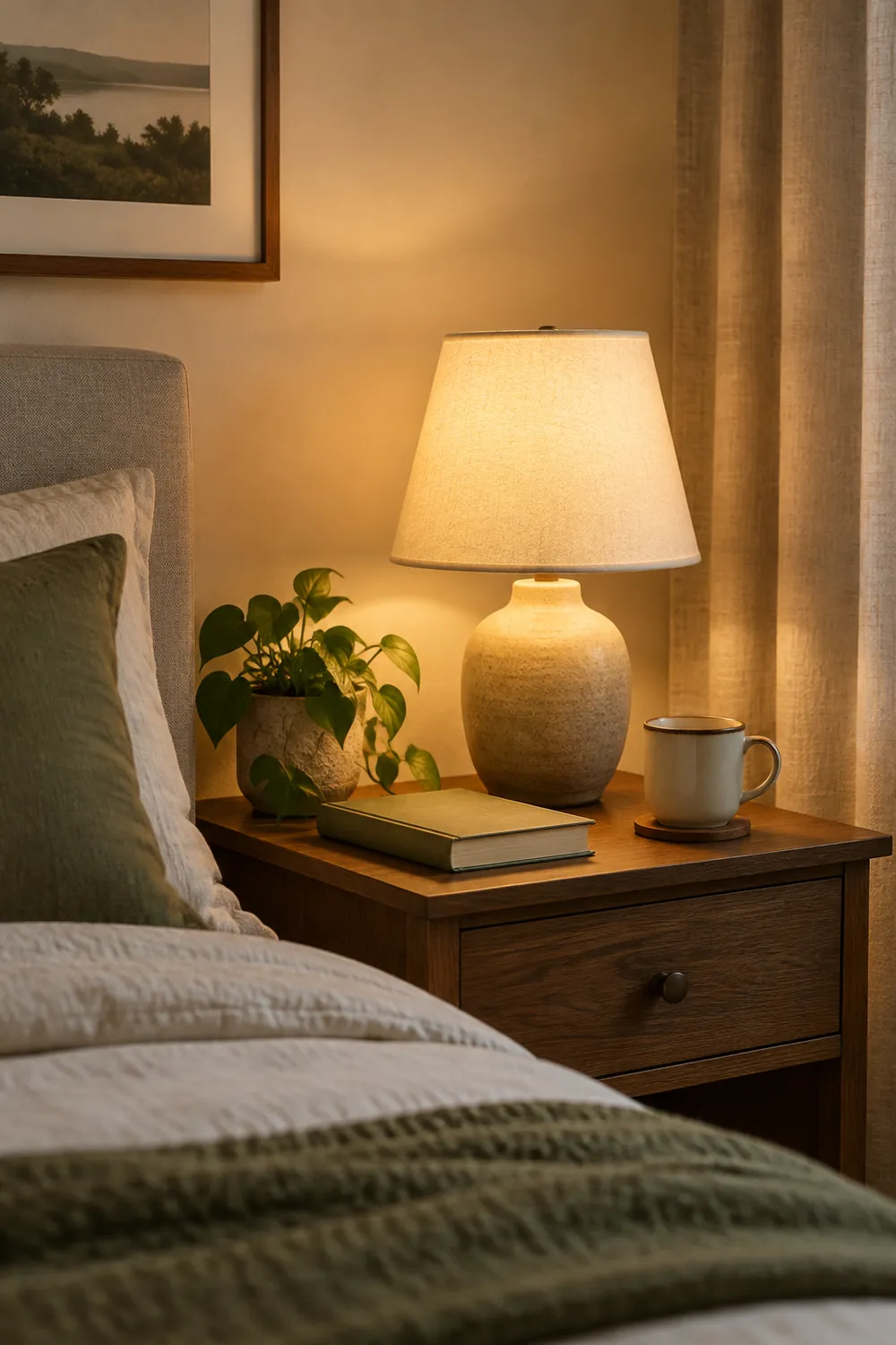 Bedside table with a lamp with a warm white bulb, a book and a mug