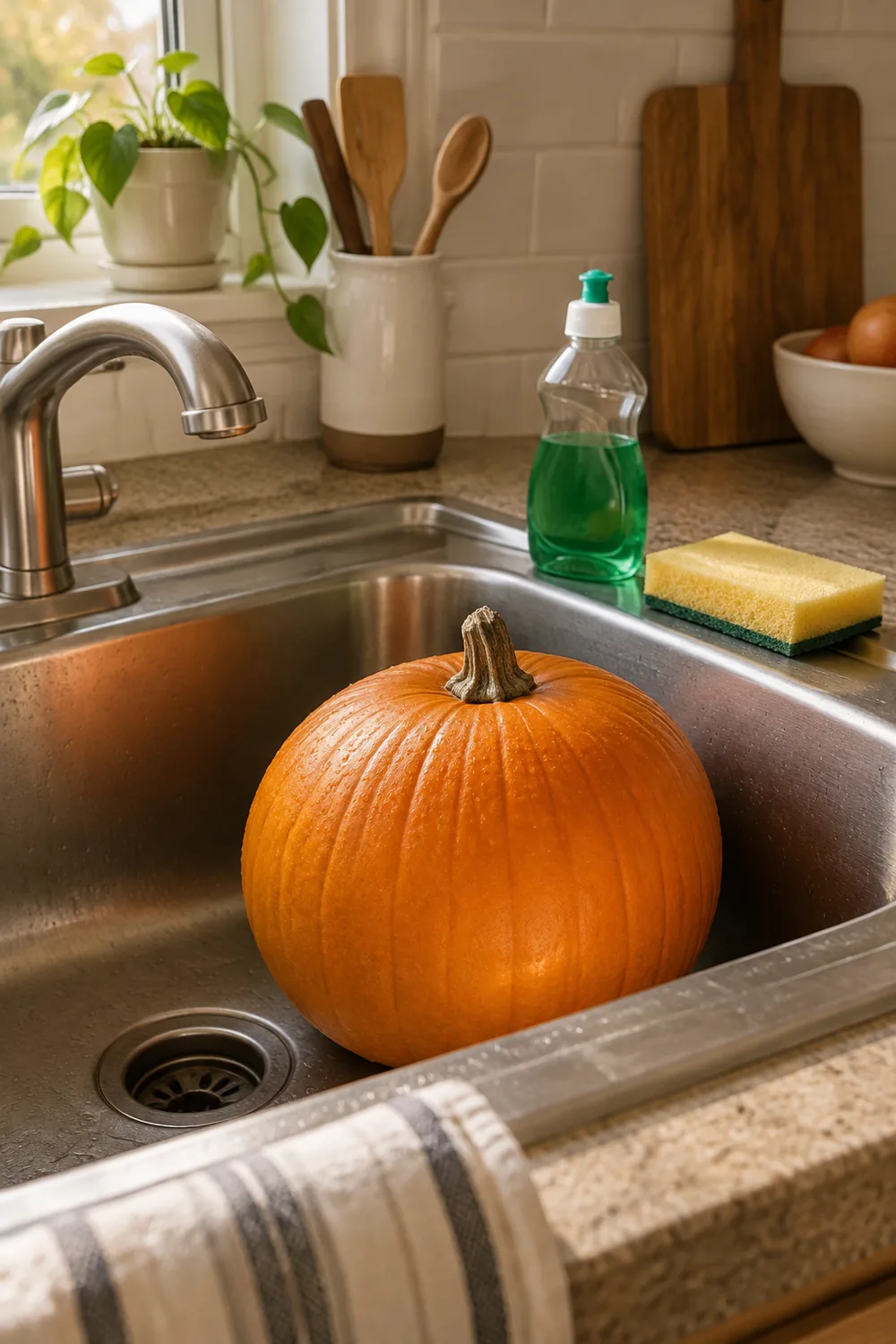 Whole pumpkin in a kitchen sink next to a sponge and dish soap before carving