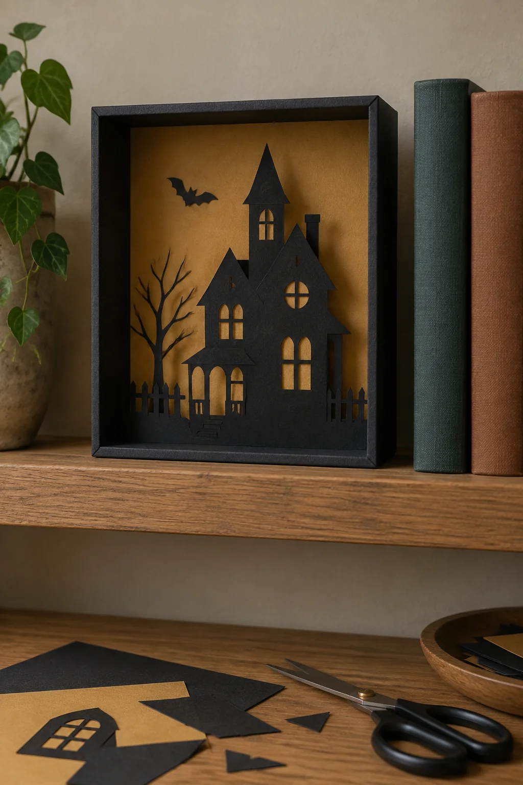 Illustrated black paper haunted house in an unlit cardboard shadowbox