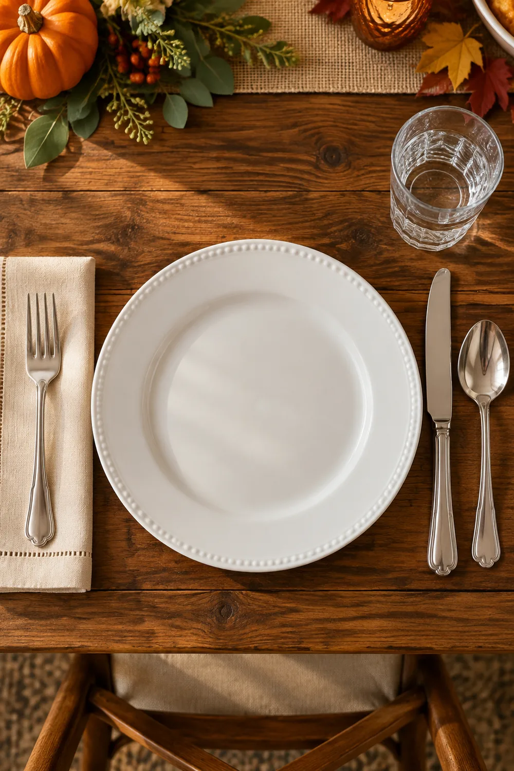 Overhead view of one Thanksgiving place setting with the fork left of the plate, knife and spoon right and a water glass above