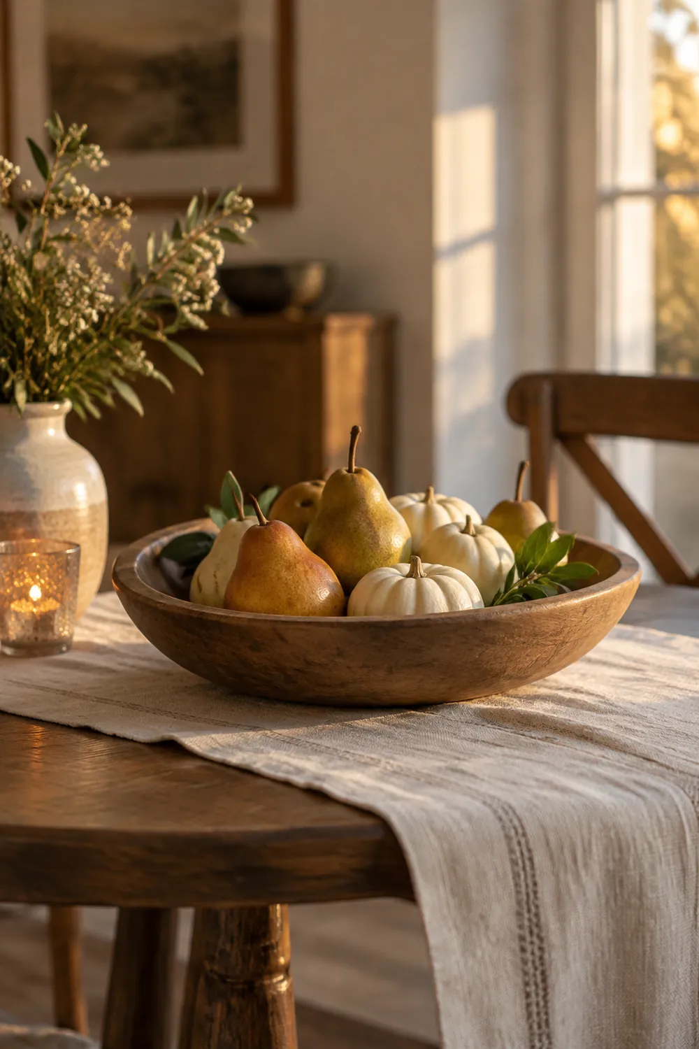 Low wooden bowl of pears and small white gourds on a cream linen runner on a small round table