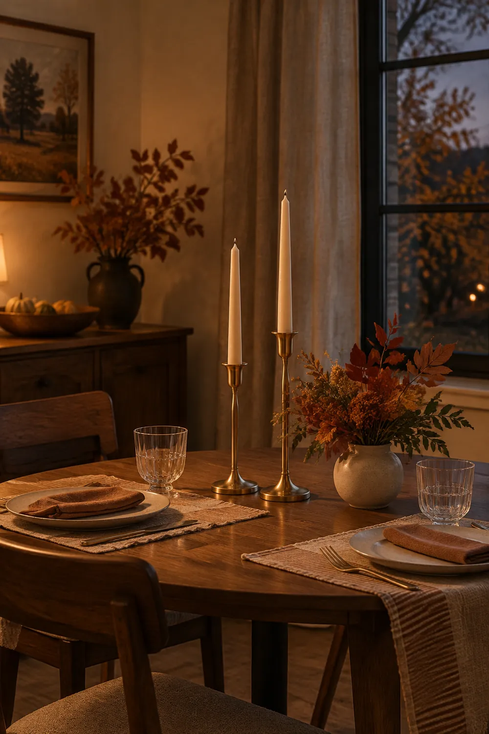 Two brass taper candle holders with cream candles beside two place settings on a small dining table in evening light