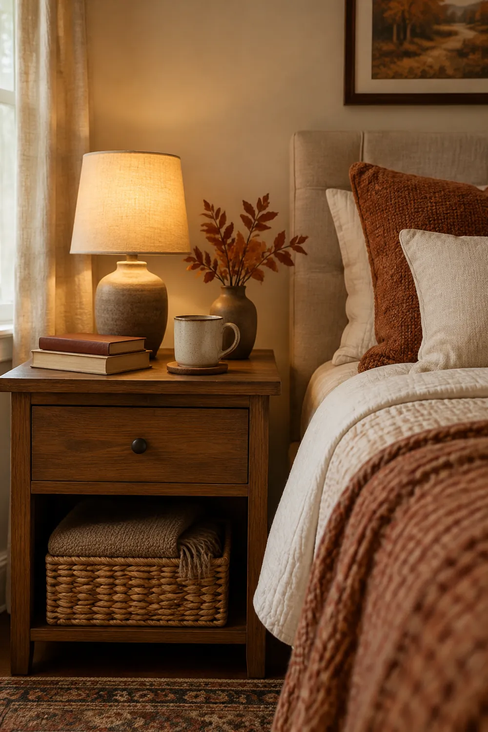 Bedside table with a warm lamp, two books, a mug and a dried-leaf stem in a vase beside a made bed