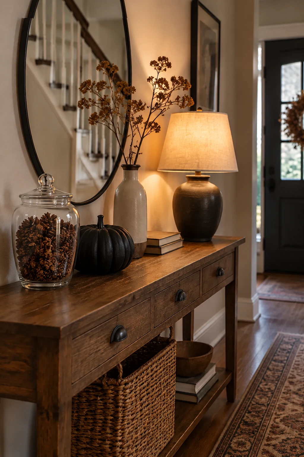 Entryway console table with a glass apothecary jar, a black pumpkin, dried stems in a vase and a lamp
