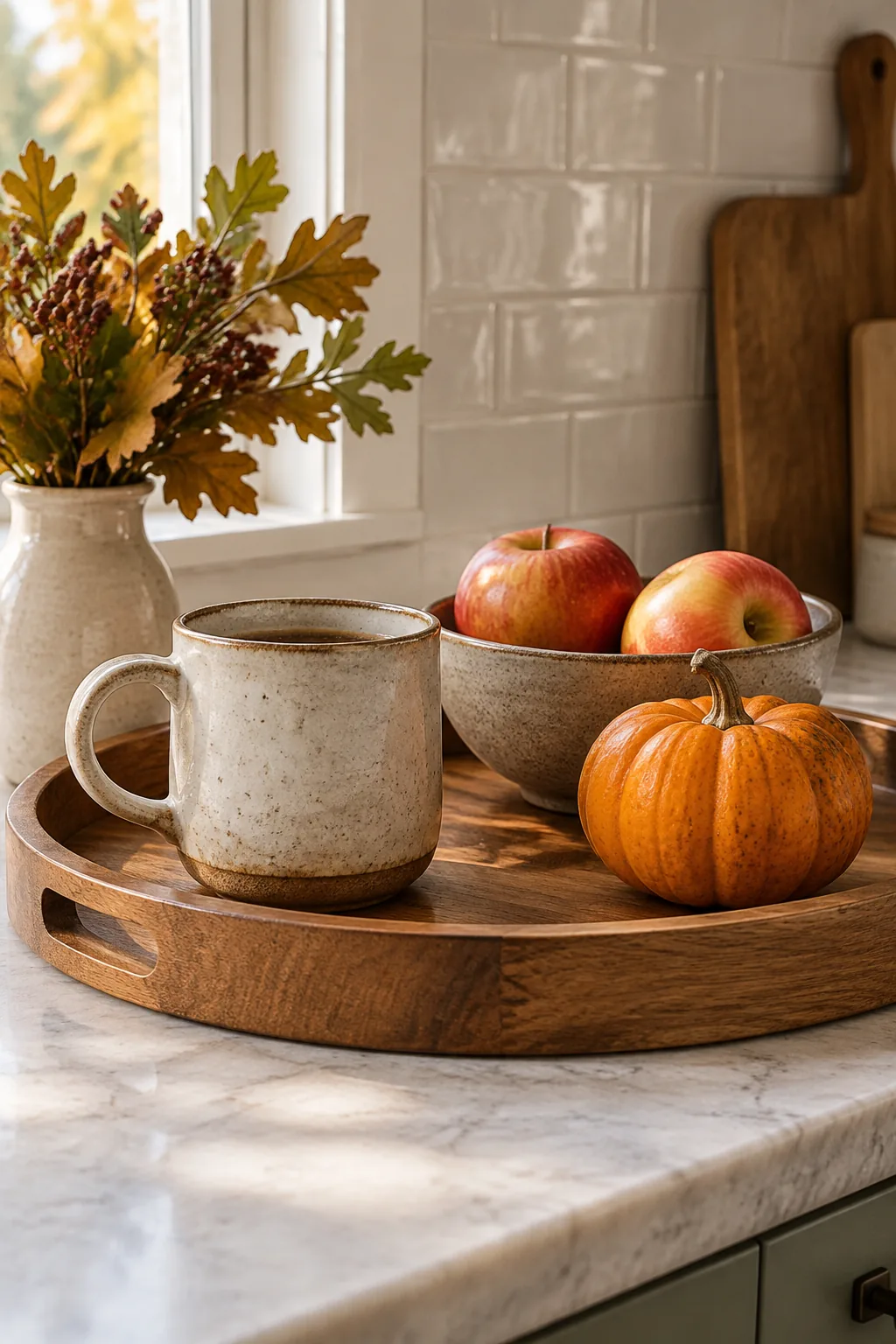 Illustrated wooden tray on a kitchen counter with a mug, a small pumpkin and a bowl of apples
