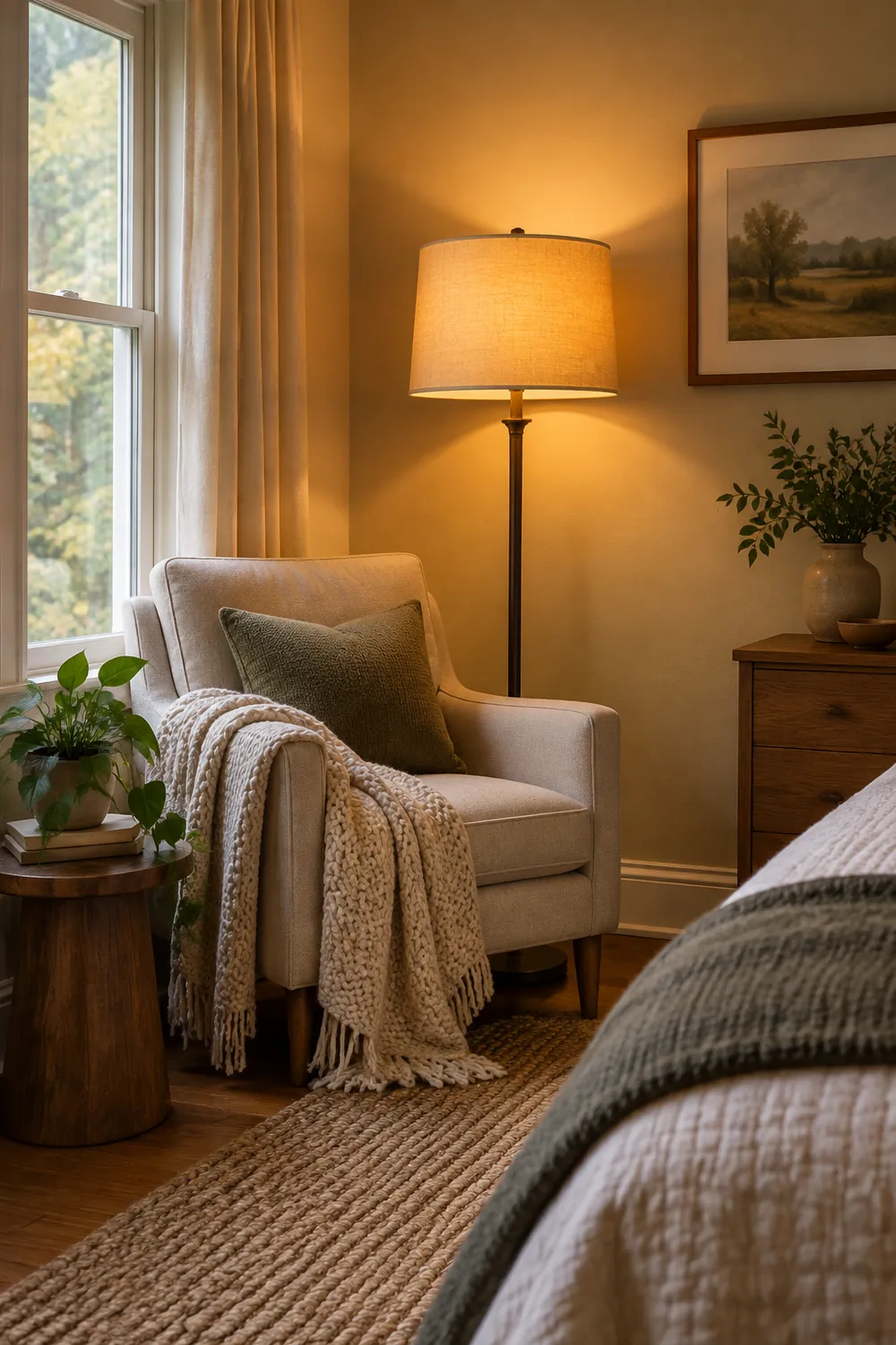 Floor lamp with a warm amber glow beside a reading chair with a knit throw in a bedroom