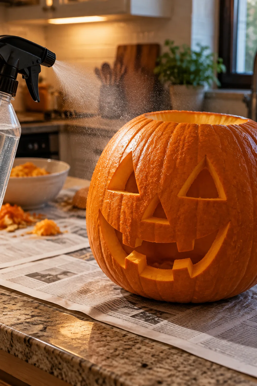 Spray bottle misting a carved pumpkin on newspaper on a kitchen counter