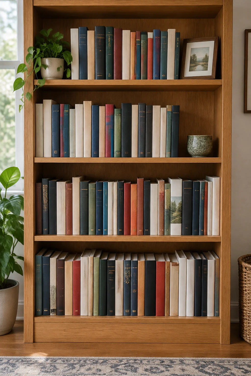Illustrated oak bookcase with everyday books before seasonal styling