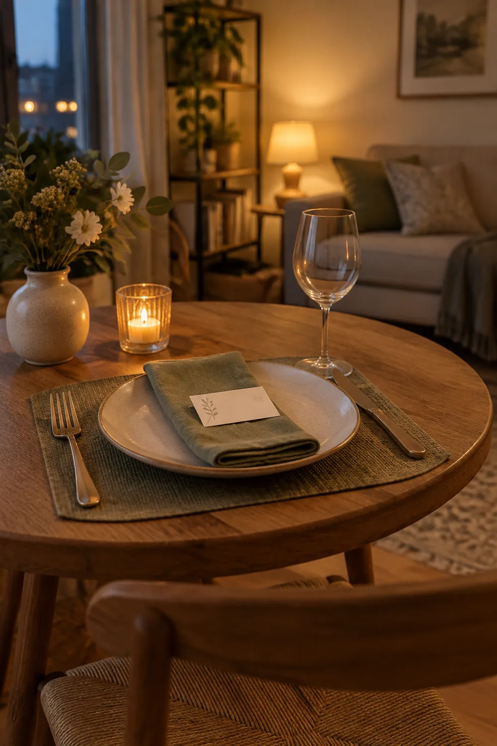 Small table place setting without a charger plate, a folded napkin and a name card on the plate