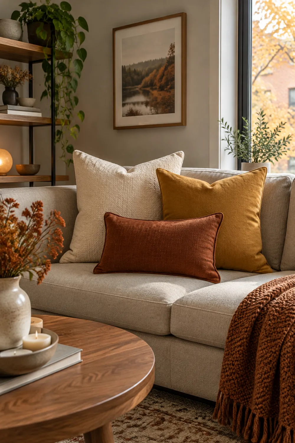 Sofa styled with ivory, mustard and rust pillows in three sizes next to a round walnut coffee table