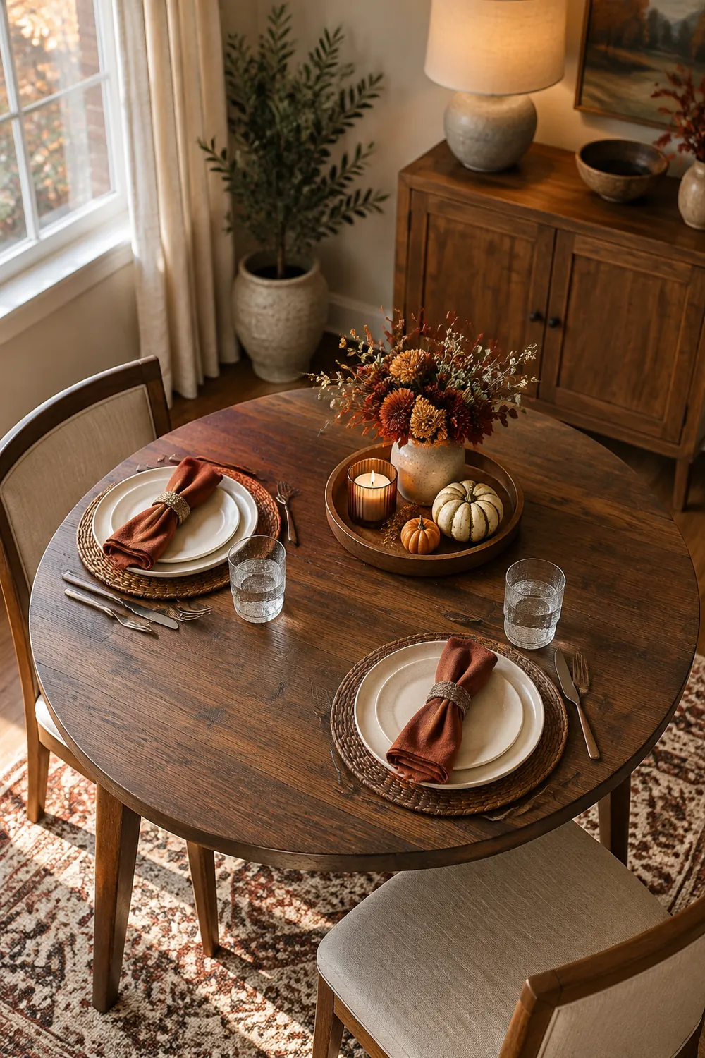 Small dining table with two plates and a low centerpiece on a wooden tray with space between the plates and the tray