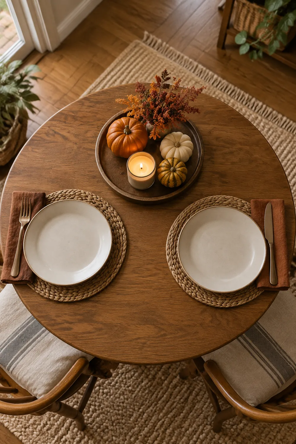 Overhead view of a small round table with a tray of mini pumpkins and a candle between two dinner plates